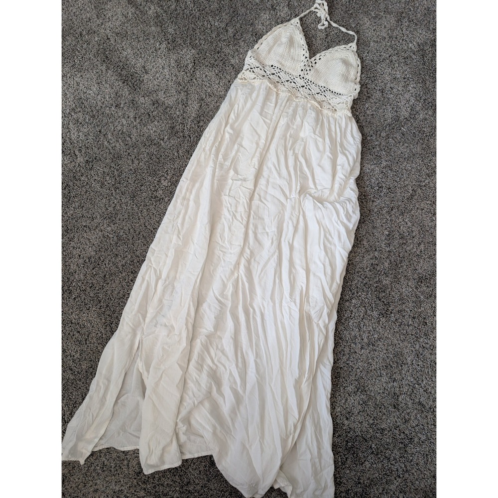 Lilbetter White Crochet Halter Maxi Dress Boho Summer Beach Medium